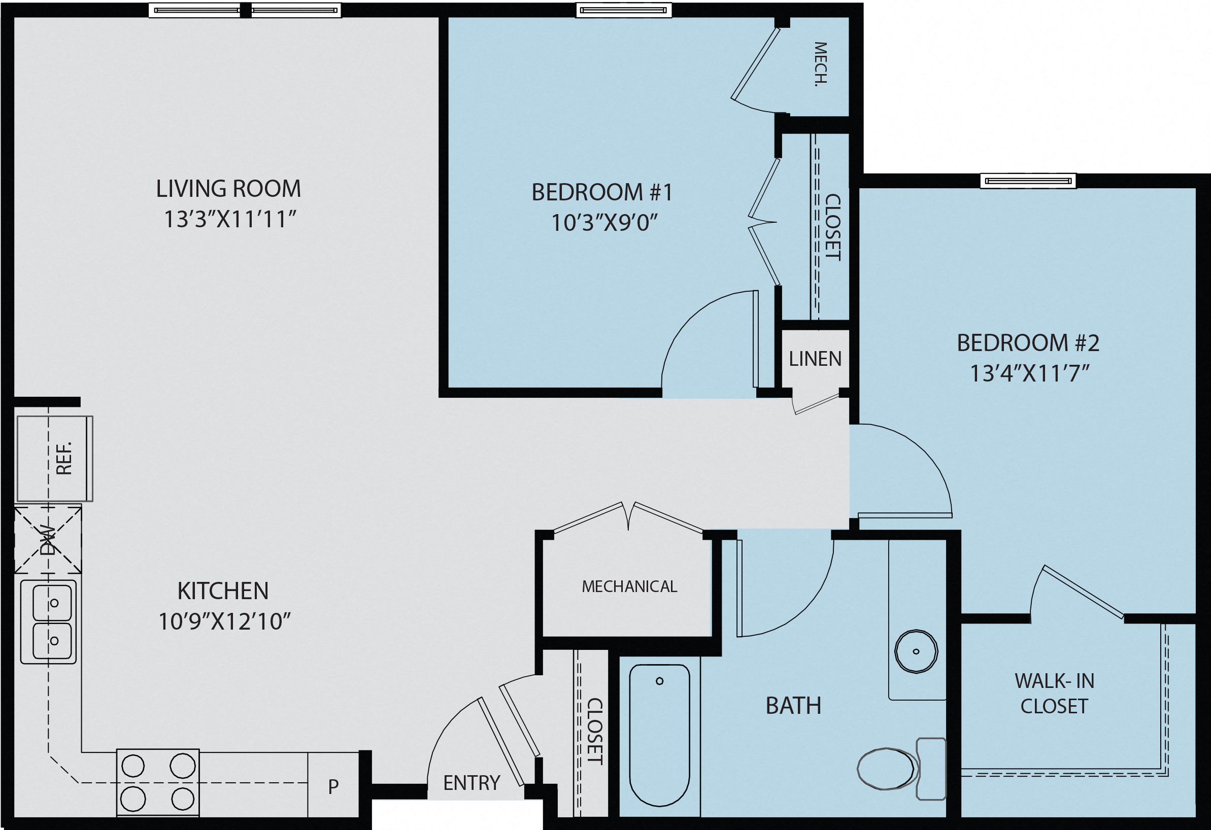 Floor plan for 2 beds, 1 bath, 910 sqft
