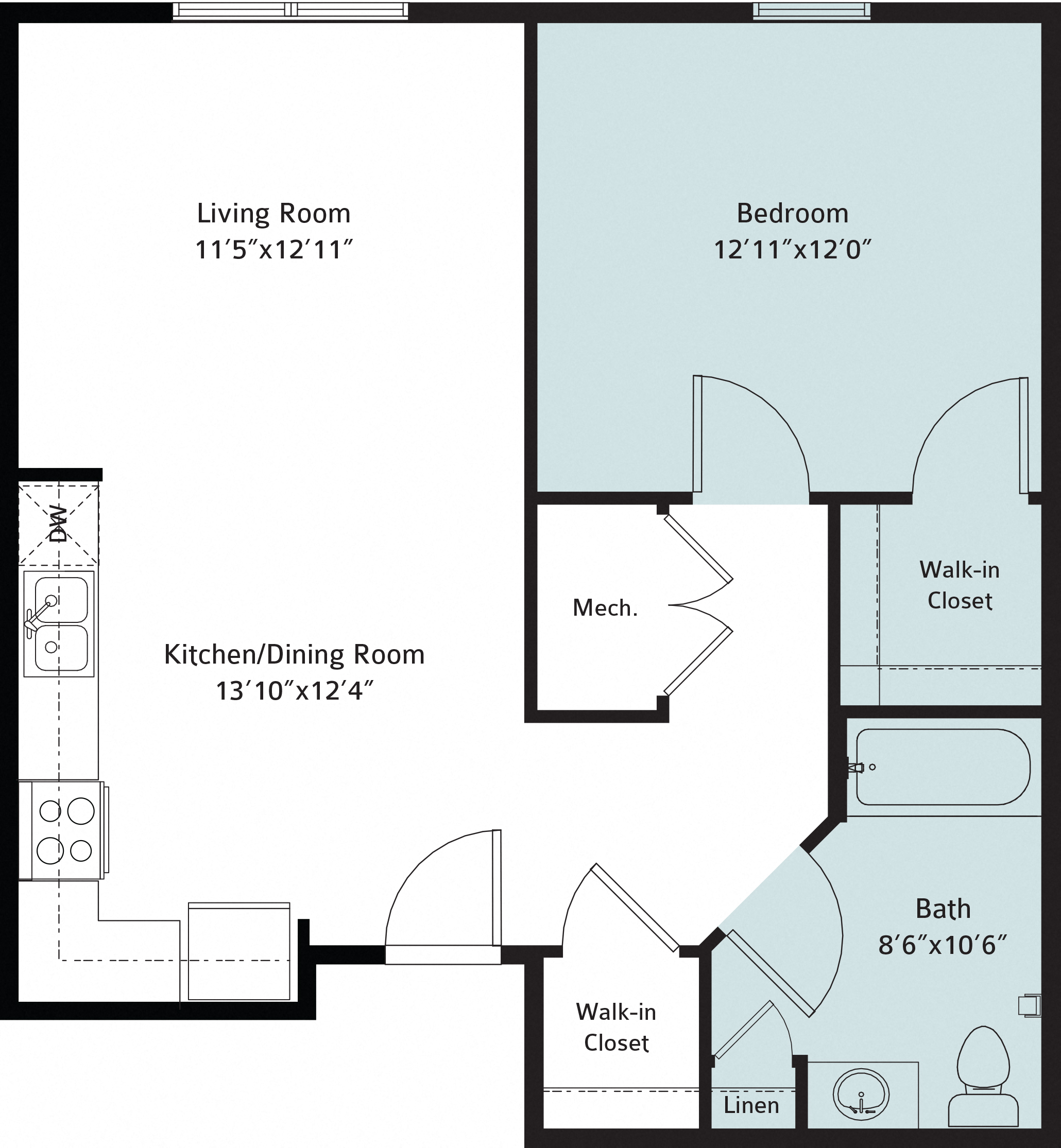 Floor plan for 1 bed, 1 bath, 911 sqft