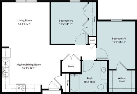 Floor plan for 2 beds, 1 bath, 911 sqft