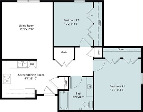 Floor plan for 2 beds, 1 bath, 901 sqft