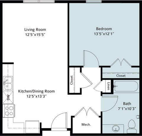 Floor plan for 1 bed, 1 bath, 731 sqft