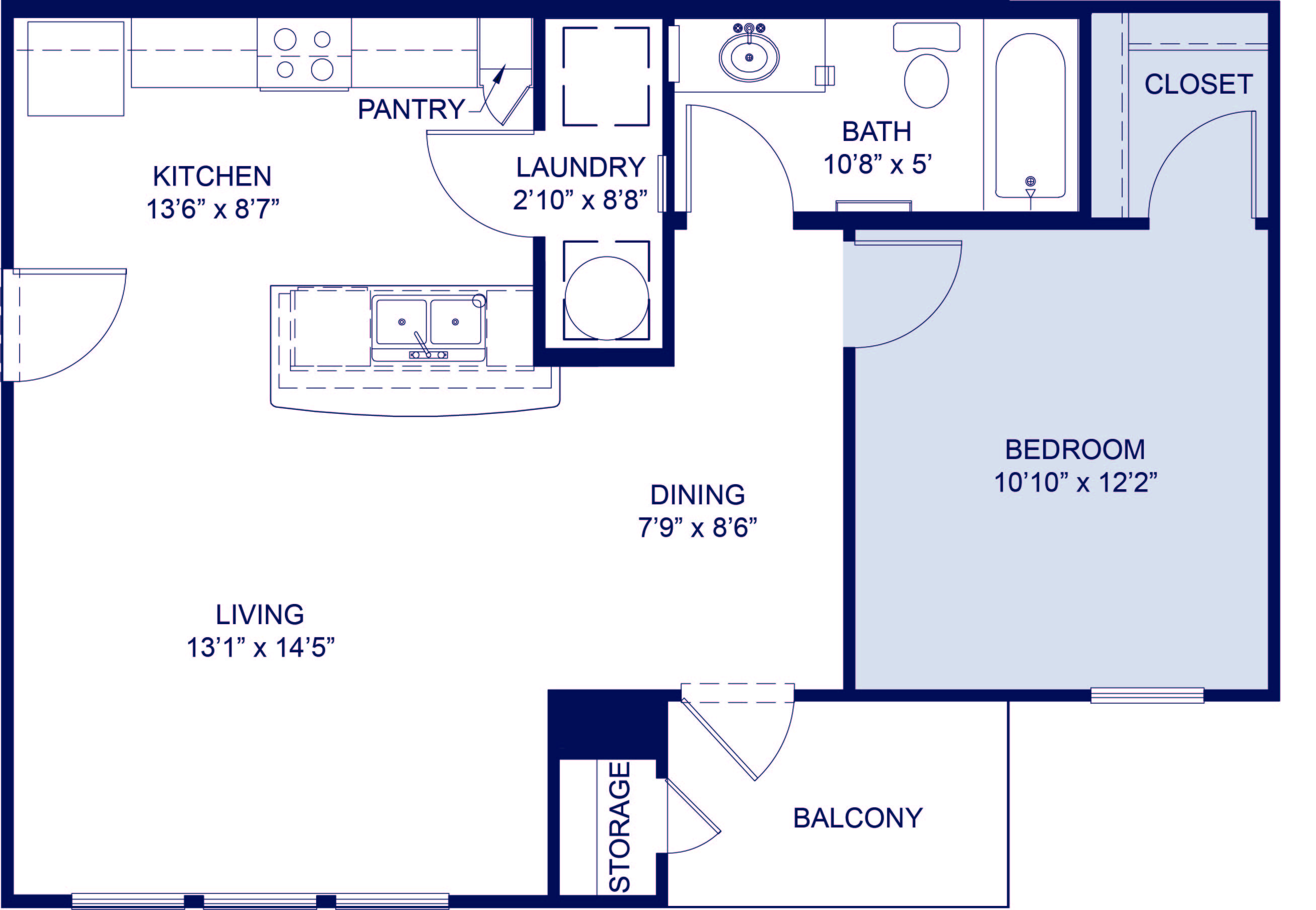 Floor plan for 1 bed, 1 bath, 667 sqft