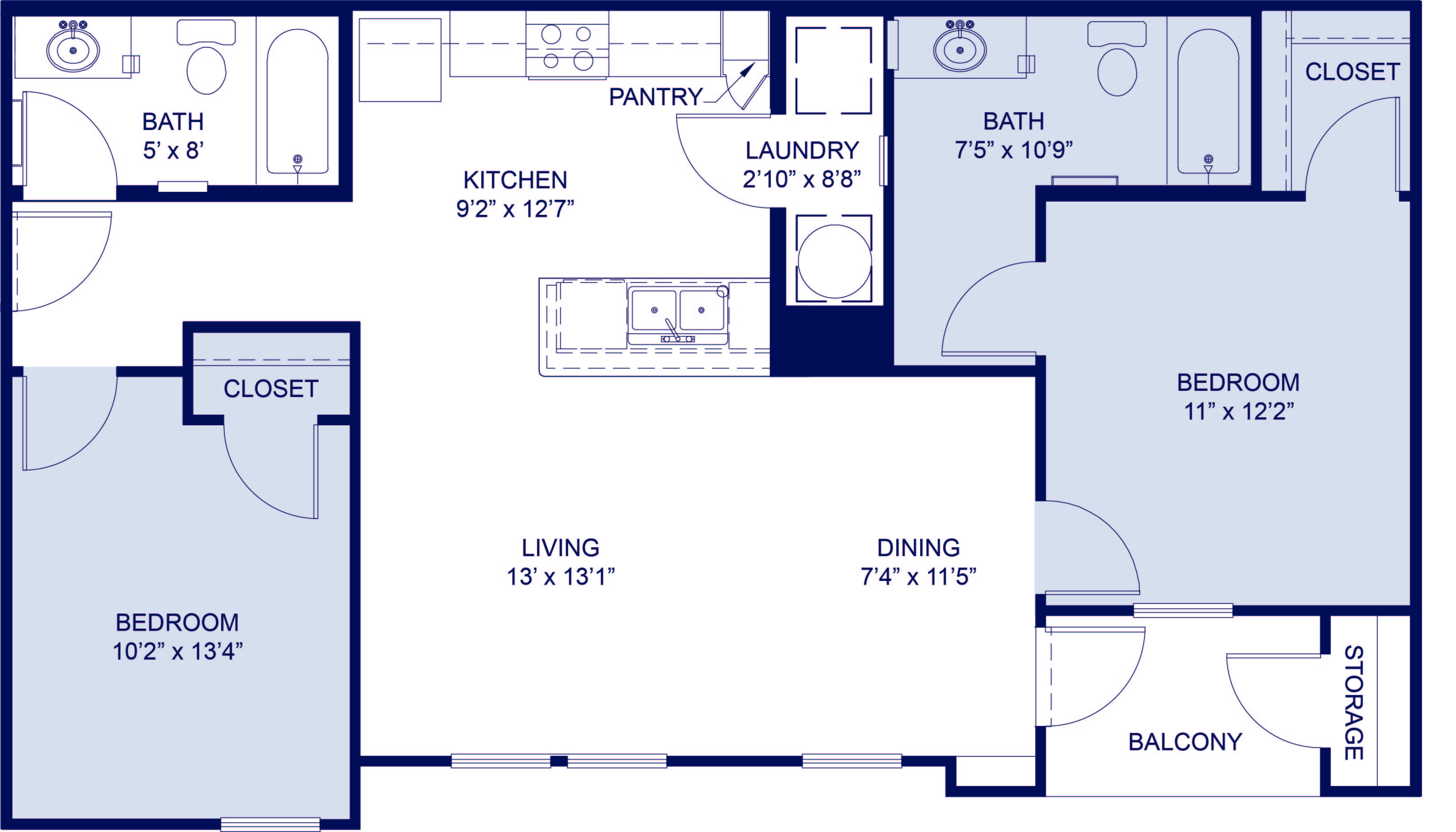 Floor plan for 2 beds, 2 baths, 910 sqft