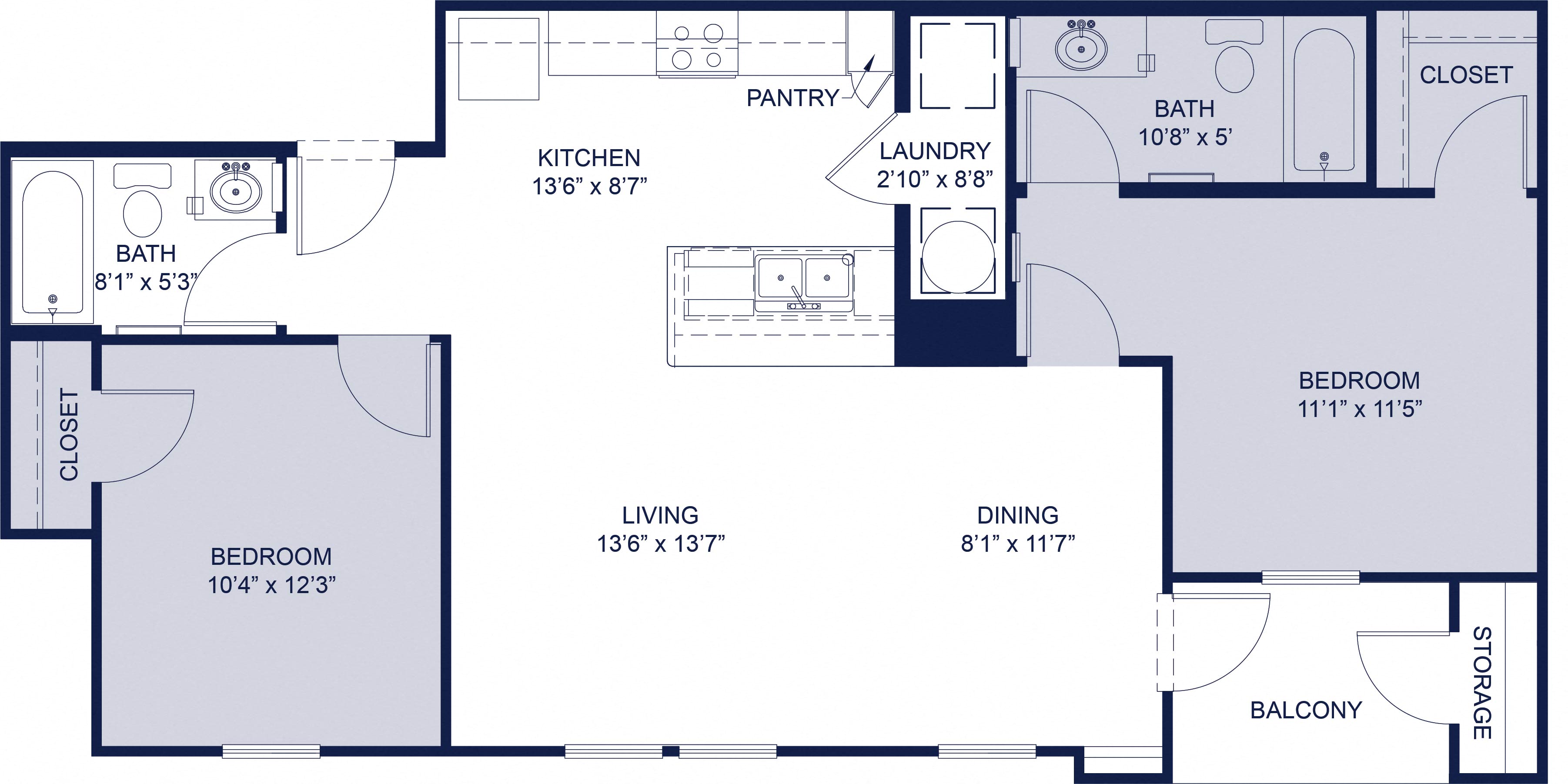Floor plan for 2 beds, 2 baths, 911 sqft