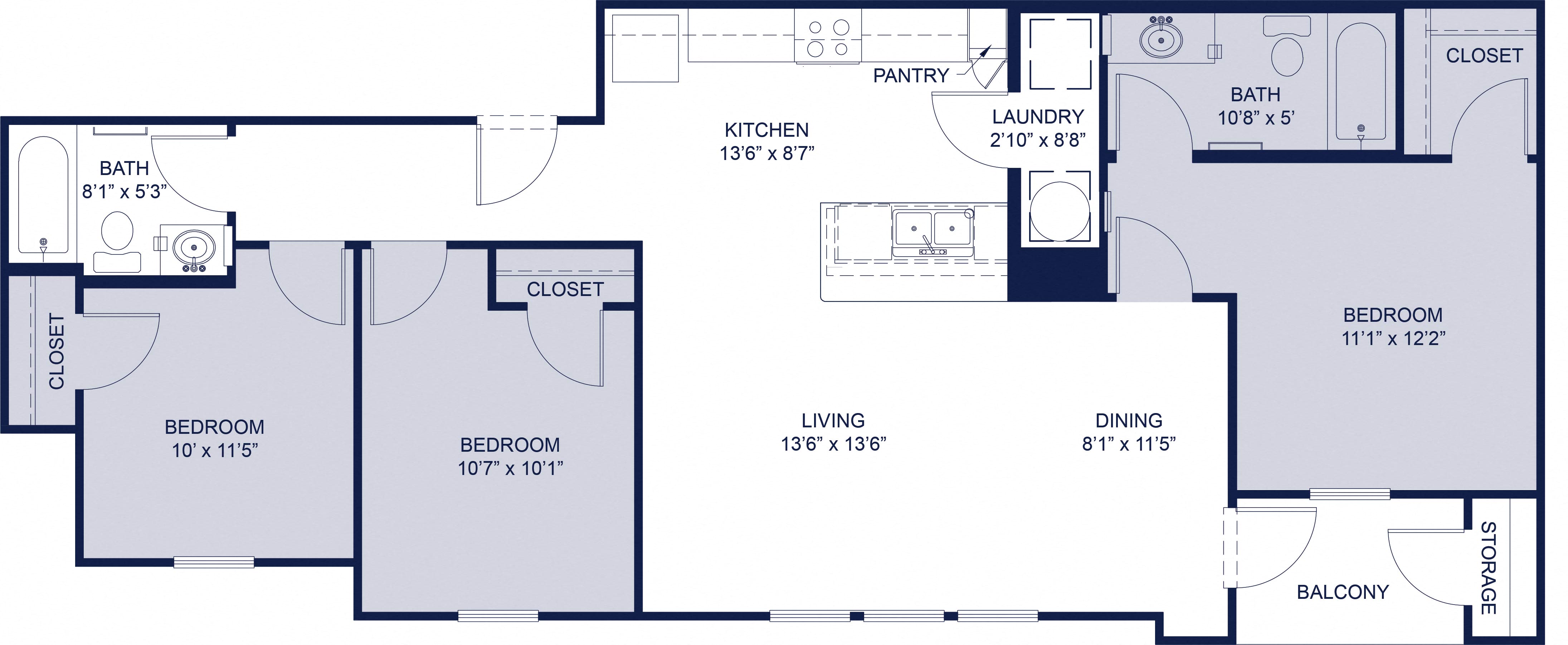 Floor plan for 3 beds, 2 baths, 1086 sqft