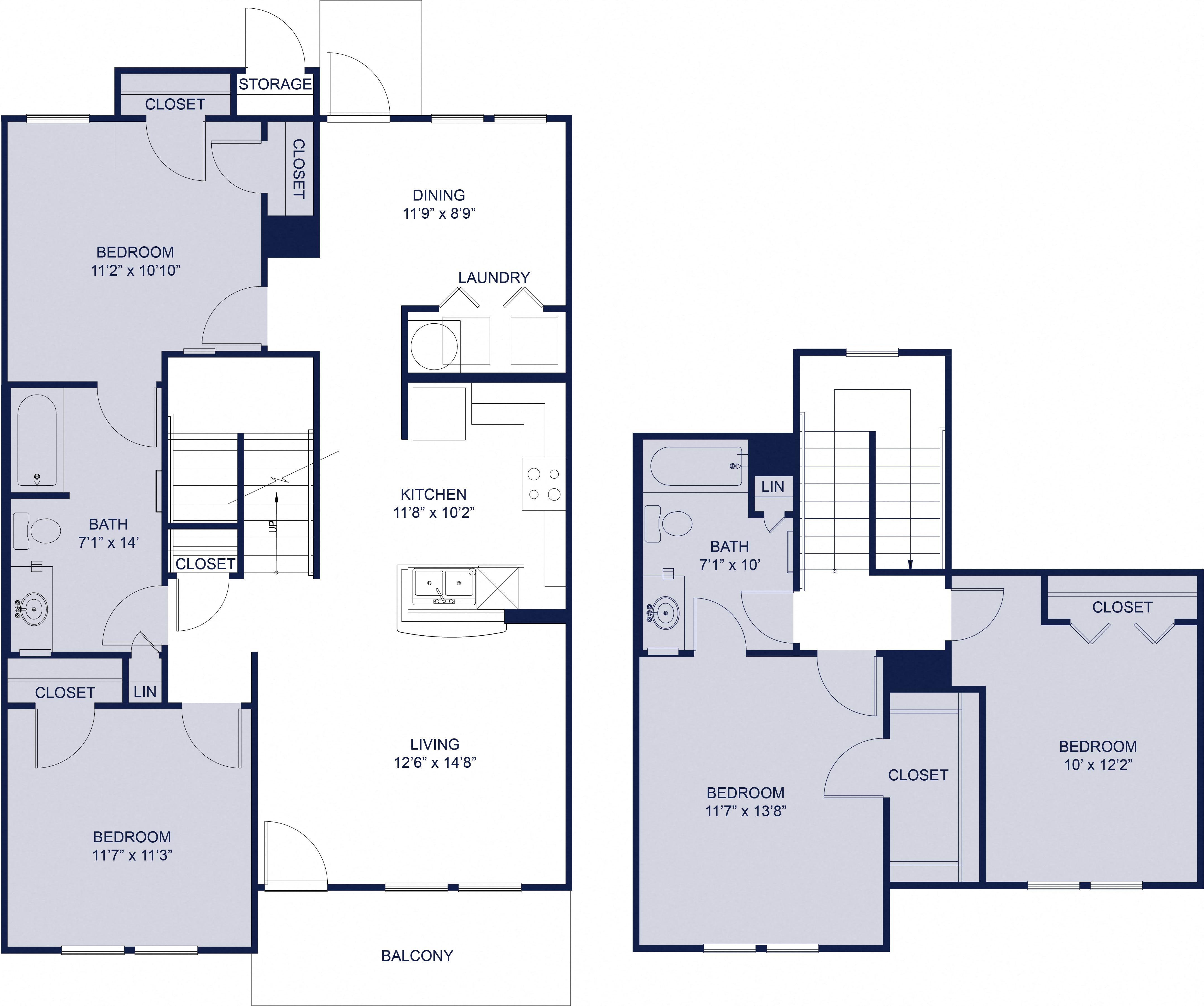Floor plan for 4 beds, 2 baths, 1490 sqft