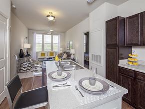 Balcones Heights apartment for rent - A kitchen with a table set for two with a plate, glasses and cutlery.