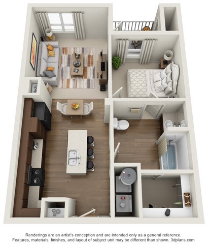 Floor plan for 1 bed, 1 bath, 570 sqft