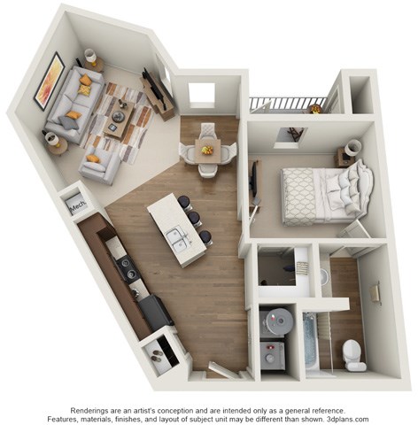 Floor plan for 1 bed, 1 bath, 684 sqft