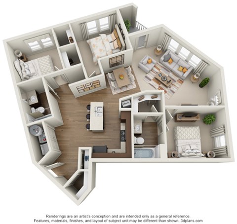 Floor plan for 3 beds, 2 baths, 1160 sqft
