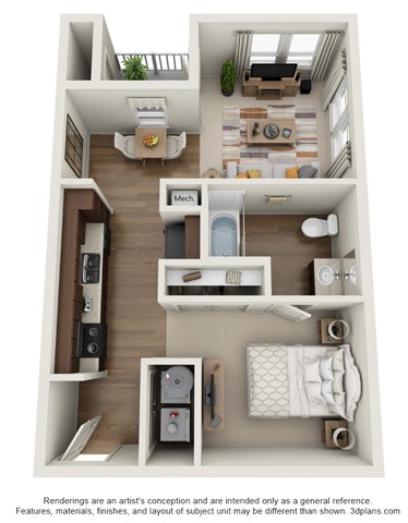 Floor plan for 1 bed, 1 bath, 622 sqft