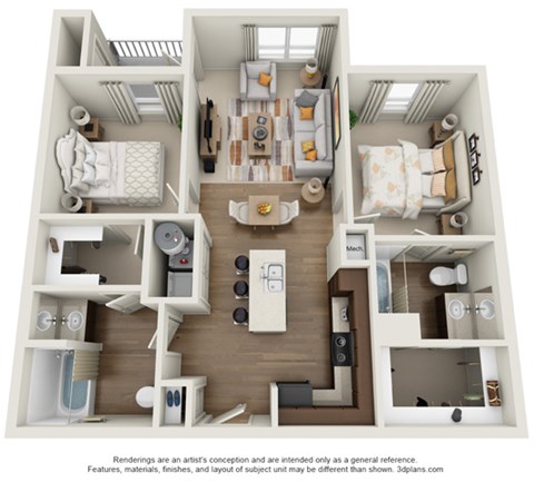 Floor plan for 2 beds, 2 baths, 877 sqft