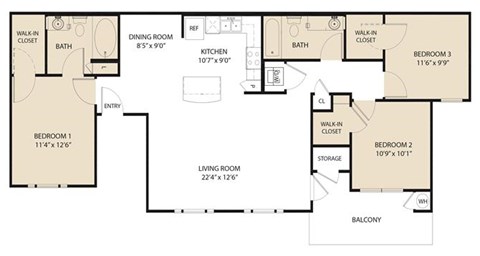 Floor plan for 3 beds, 2 baths, 1163 sqft