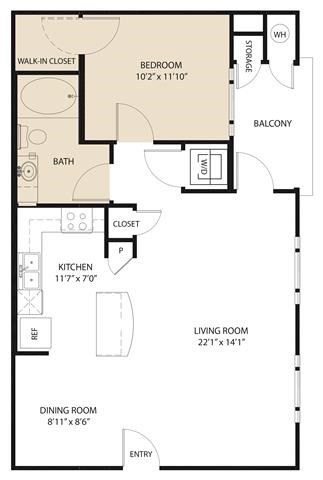 Floor plan for 1 bed, 1 bath, 744 sqft