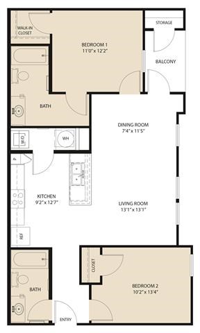 Floor plan for 2 beds, 2 baths, 959 sqft