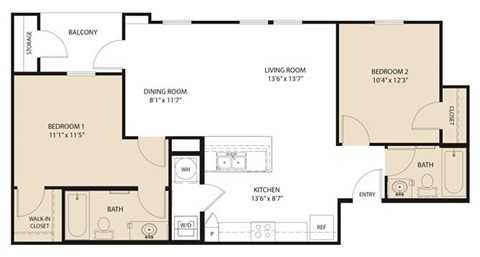 Floor plan for 2 beds, 2 baths, 963 sqft