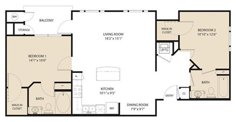Floor plan for 2 beds, 2 baths, 908 sqft