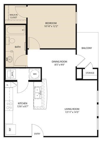 Floor plan for 1 bed, 1 bath, 669 sqft