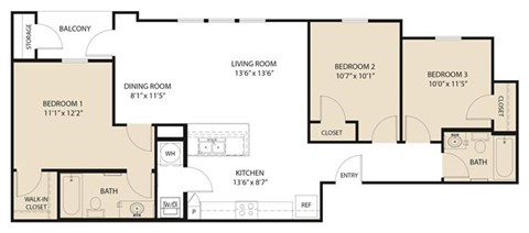 Floor plan for 3 beds, 2 baths, 1083 sqft