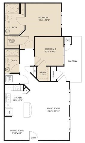 Floor plan for 2 beds, 2 baths, 986 sqft