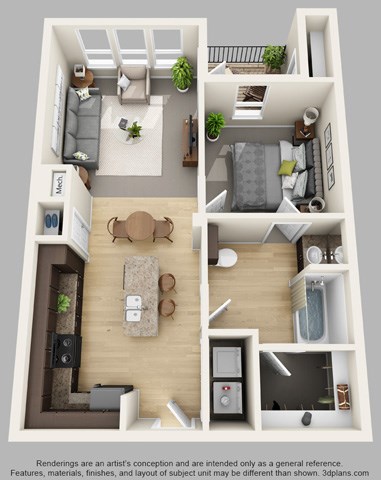 Floor plan for 1 bed, 1 bath, 619 sqft