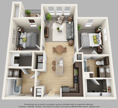 Floor plan for 2 beds, 2 baths, 869 sqft