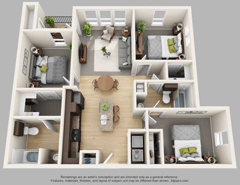 Floor plan for 3 beds, 2 baths, 999 sqft