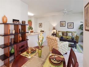 San Marcos apartment for rent - Open-concept dining and living area featuring a dedicated dining space, comfortable seating, decorative shelving, and a functional layout that seamlessly connects the kitchen and living room for everyday living and entertaining.