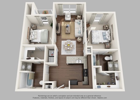 Floor plan for 2 beds, 2 baths, 923 sqft