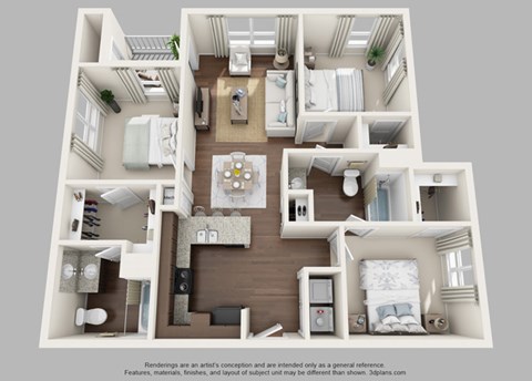 Floor plan for 3 beds, 2 baths, 1050 sqft
