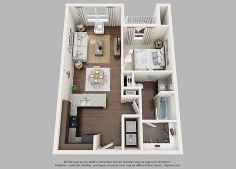Floor plan for 1 bed, 1 bath, 656 sqft