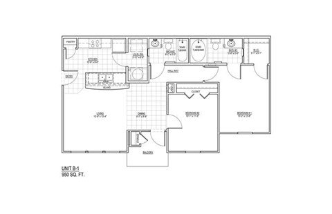 Floor plan for 2 beds, 2 baths, 908 sqft