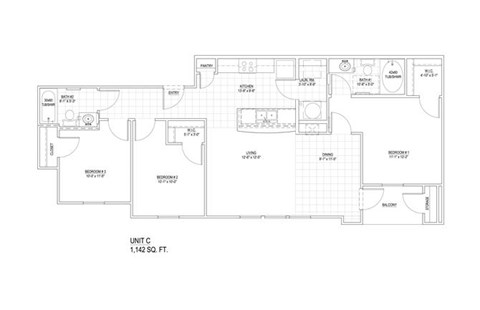 Floor plan for 3 beds, 2 baths, 1078 sqft