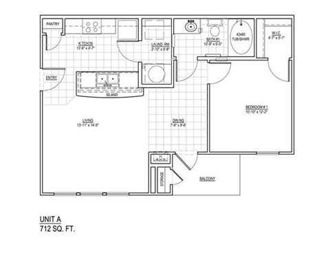 Floor plan for 1 bed, 1 bath, 674 sqft