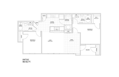 Floor plan for 2 beds, 2 baths, 908 sqft