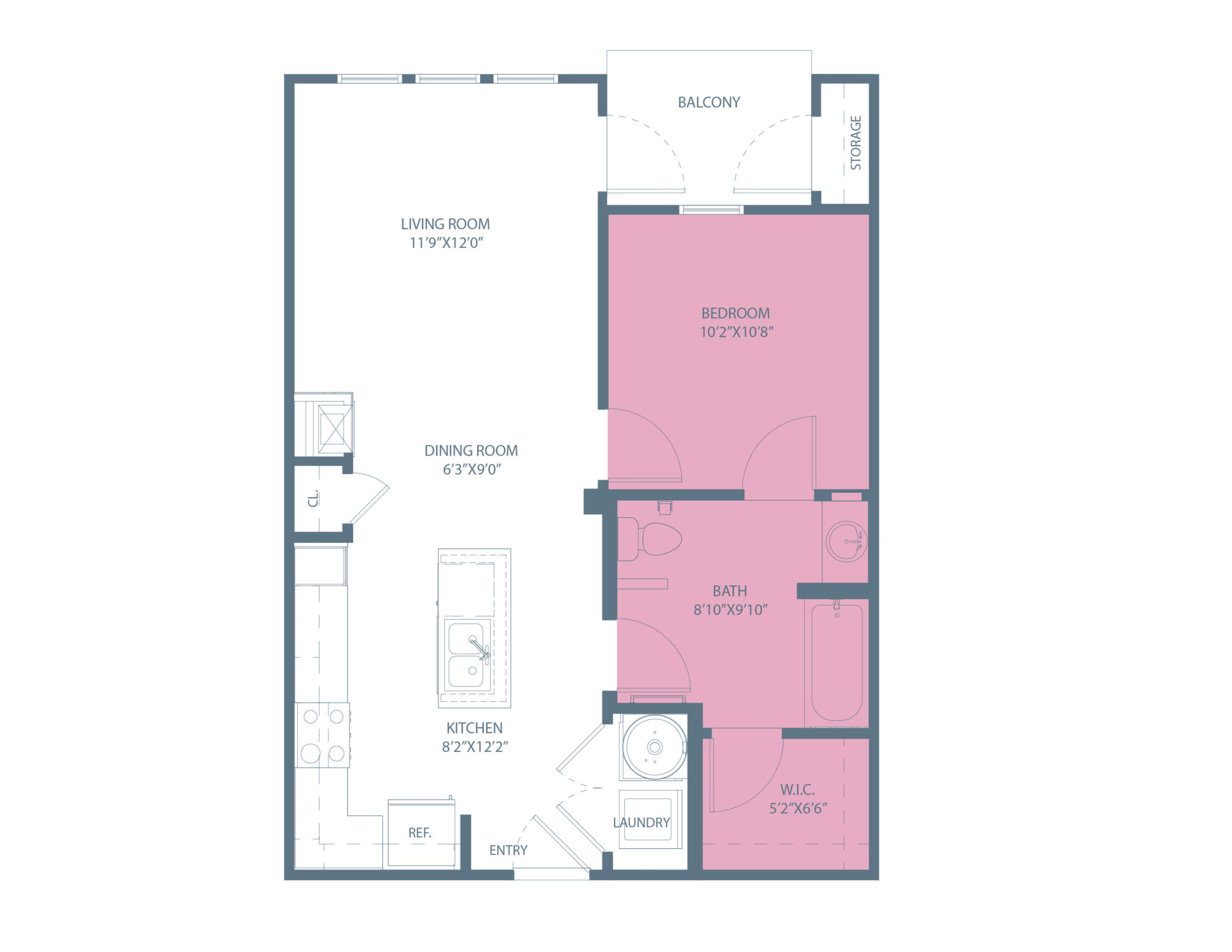 Floor plan for 1 bed, 1 bath, 619 sqft