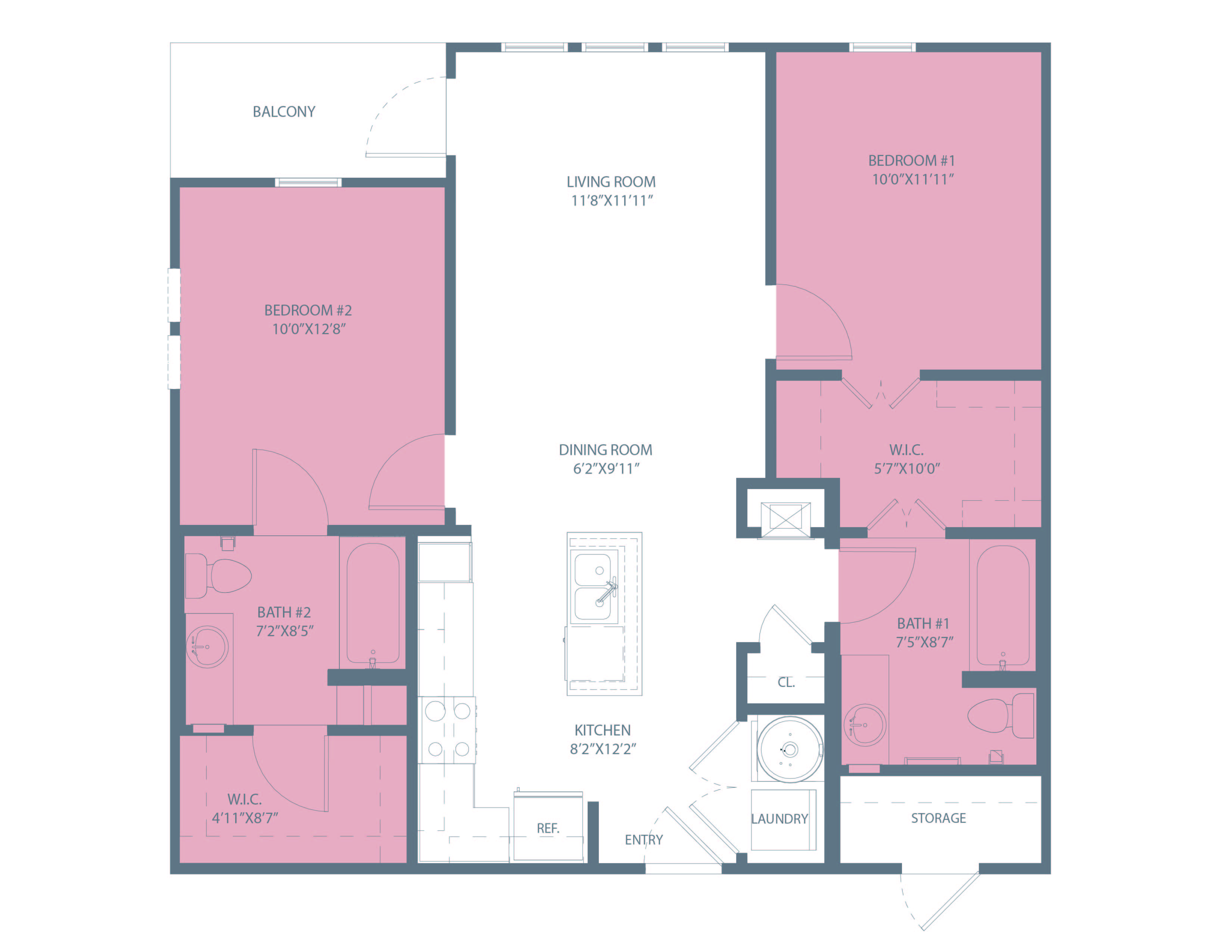 Floor plan for 2 beds, 2 baths, 926 sqft
