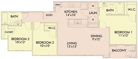 Floor plan for 3 beds, 2 baths, 1083 sqft