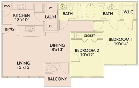 Floor plan for 2 beds, 2 baths, 908 sqft