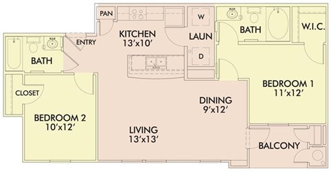 Floor plan for 2 beds, 2 baths, 896 sqft