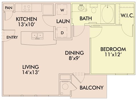 Floor plan for 1 bed, 1 bath, 669 sqft