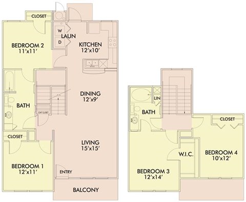 Floor plan for 4 beds, 2 baths, 1479 sqft