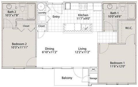 Floor plan for 2 beds, 2 baths, 889 sqft