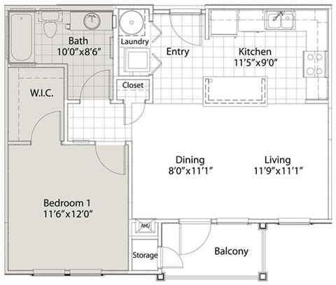 Floor plan for 1 bed, 1 bath, 673 sqft