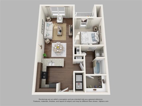 Floor plan for 1 bed, 1 bath, 656 sqft