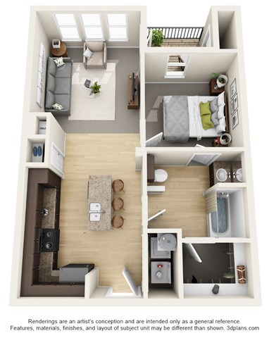 Floor plan for 1 bed, 1 bath, 656 sqft