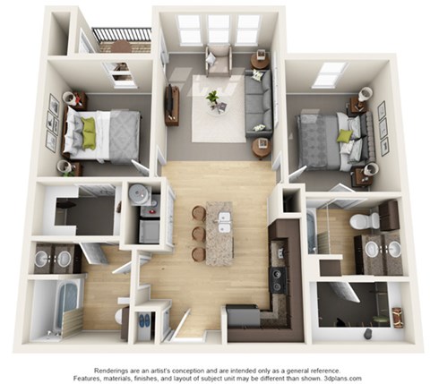 Floor plan for 2 beds, 2 baths, 914 sqft