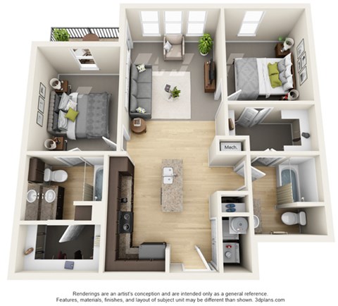 Floor plan for 2 beds, 2 baths, 937 sqft
