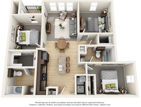 Floor plan for 3 beds, 2 baths, 1050 sqft