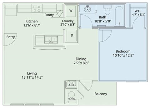 Floor plan for 1 bed, 1 bath, 667 sqft